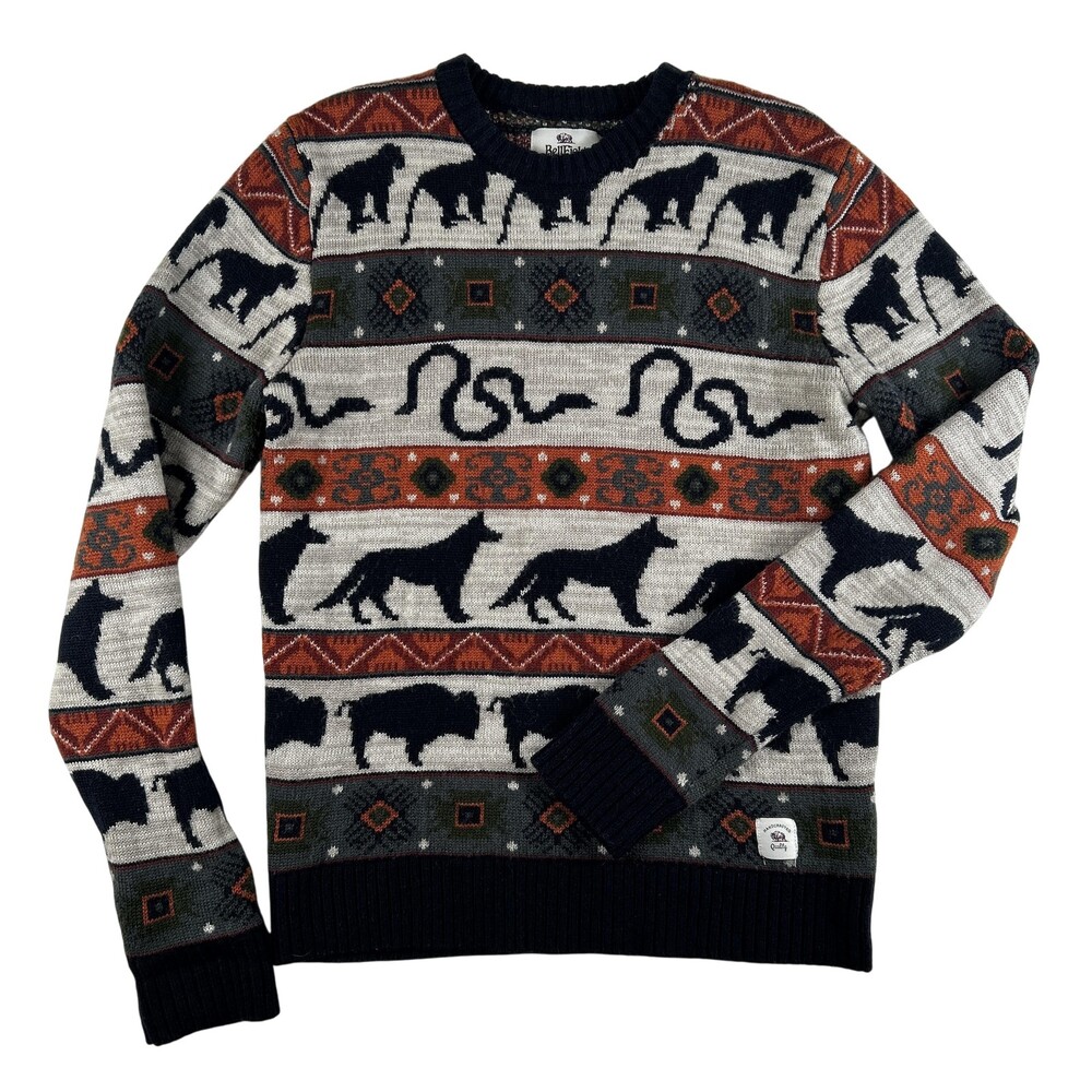 Vintage Bellfield Sweater Mens Large Multicolor Animal Fair Isle Knit Pullover